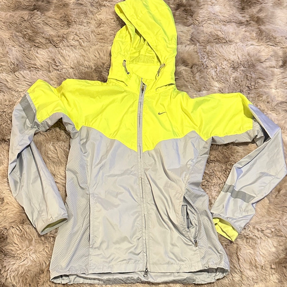 Nike Neon Yellow and Light Gray Hooded Jacket, S, EUC